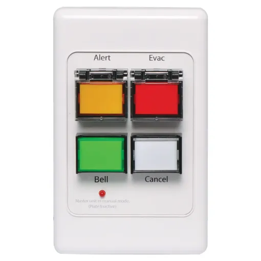 The A4581V wall plate allows remote triggering of the Alert, Evacuation and Bell tones and the cancel function of the A4565A Alert/Evacuation Controller.
