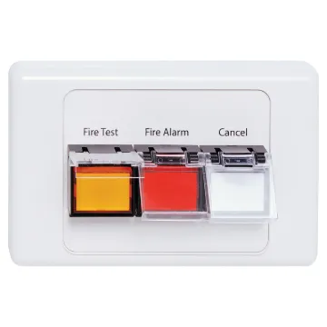 This remote wallplate interfaces with a building fire evacuation control board to offer simple fire alarm test triggering.