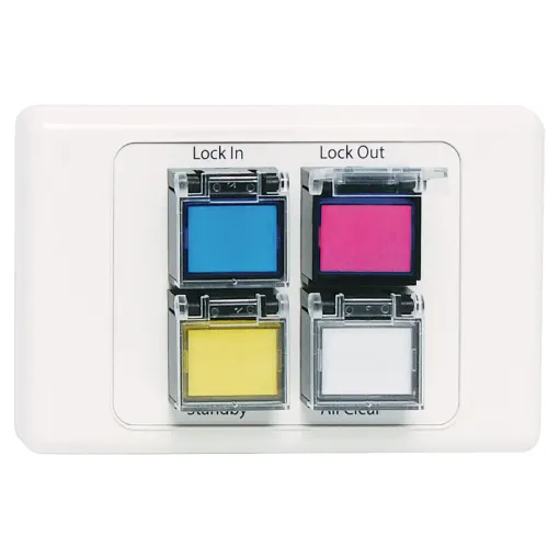 The remote wall plates provide the same functionality as the buttons on the front of the A 4595A. All switches have safety covers to prevent accidental triggering. If a tone is triggered by the main unit or a paging console the corresponding switch on the wall plate will illuminate.