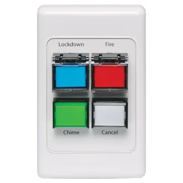 Redback WallPlate allows the A 4505 Lockdown Timer to be controlled remotely. Featuring Lockdown, Fire, Chime and Cancel buttons, the plate can be located up to 100m away from the main unit.
