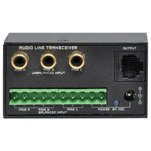 This audio distribution system uses affordable UTP cabling to send up to three balanced inputs (terminal block) or mono RCA signals over long distances.