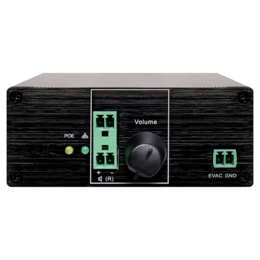 The zone decoder provides a way to interface traditional stereo and 100V line PA systems with the Merlaud IP communicator system.