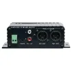 This small adaptor receives a 100V signal from one amplifier and reduces the level down to either balanced mic level or auxiliary level to feed into the input of a second amplifier.