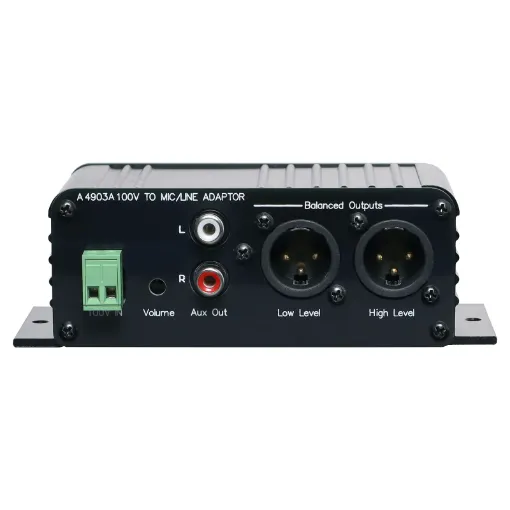 This small adaptor receives a 100V signal from one amplifier and reduces the level down to either balanced mic level or auxiliary level to feed into the input of a second amplifier.