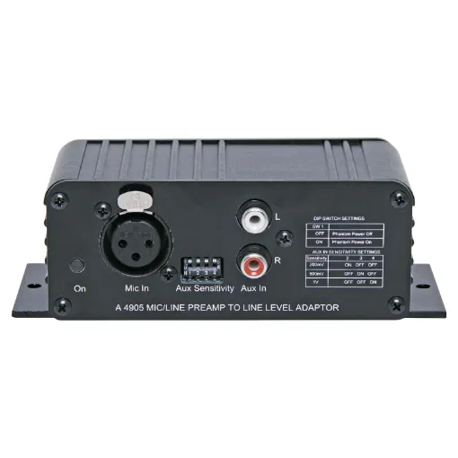 This line pre-amp will accept either a microphone or auxiliary input and convert it to a balanced high level signal suitable for distribution up to 500M without interference with up to 3V of output level available. Volume controls are provided for both inputs plus a master volume control. The microphone is a balanced XLR input whilst the auxiliary