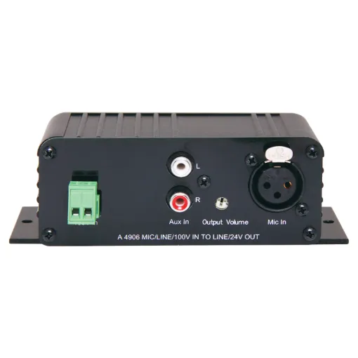 The A 4906 is a versatile unit which accepts either a line level signal, balanced microphone signal or 100V input signal.
The output signal is a line level signal suitable for feeding into an amplifier.