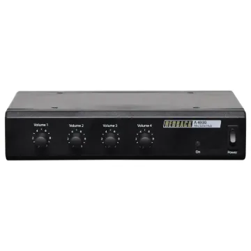 This Microphone/Line Hub is designed to accept audio from up to four A 4931 Mic/Line Preamp wallplates. The Hub has a dedicated output for each wall plate, with front mounted volume controls for each output.