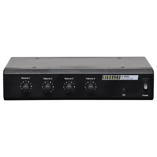 This Microphone/Line Hub is designed to accept audio from up to four A 4931 Mic/Line Preamp wallplates. The Hub has a dedicated output for each wall plate, with front mounted volume controls for each output.