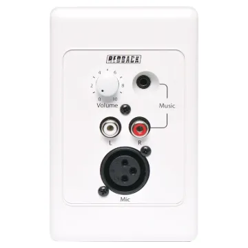This mic/line pre-amp wallplate accepts either a microphone or line input and converts the signal to a balanced high level output. The 3V output signal is carried via Cat5e cable, (suitable for distribution up to 300m without interference) back to the A 4930 Hub.