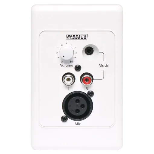 This mic/line pre-amp wallplate accepts either a microphone or line input and converts the signal to a balanced high level output. The 3V output signal is carried via Cat5e cable, (suitable for distribution up to 300m without interference) back to the A 4930 Hub.