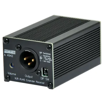 The Redback® A 4942 receives audio from compatible Redback® Cat5e/6 transmitters and converts the signal to a balanced XLR output. The output level is DIP switch selectable, and the ouput volume is screwdriver adjusted via the trimpot on the front of the unit.
