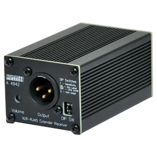The Redback® A 4942 receives audio from compatible Redback® Cat5e/6 transmitters and converts the signal to a balanced XLR output. The output level is DIP switch selectable, and the ouput volume is screwdriver adjusted via the trimpot on the front of the unit.