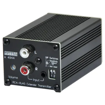 The Redback® A 4944 provides a convenient way to send line level RCA audio signals over long distances via Cat5/6 cabling. The unit has DIP switch selectable input sensitivities of 100mV and 1V to handle inputs of varying levels.