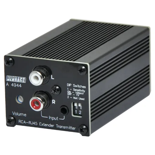 The Redback® A 4944 provides a convenient way to send line level RCA audio signals over long distances via Cat5/6 cabling. The unit has DIP switch selectable input sensitivities of 100mV and 1V to handle inputs of varying levels.