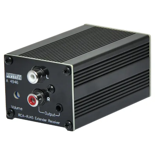 The Redback A 4946 receives audio from compatible Redback Cat5e/6 transmitters, converts the signal to line level and outputs to RCA and 3.5mm connectors.