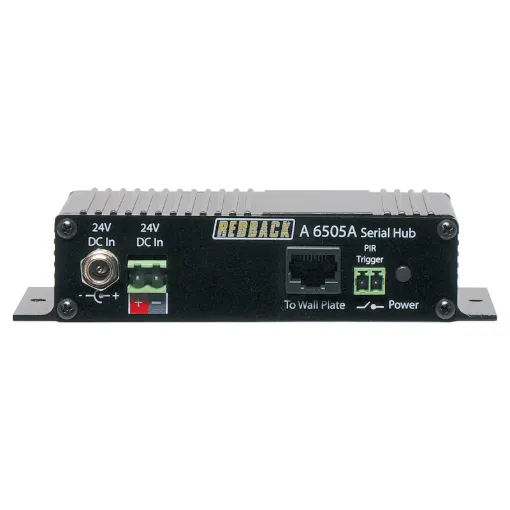 Designed to be used in conjunction with the A 6500A programmable touchscreen wallplate, this control hub enables the control of a variety of devices. Connection to the A 6500A wallplate is via Cat5/6 cable up to 50m away. Now with PIR trigger input.