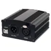 A compact single channel phantom power supply with 3 pin XLR female balanced input and 3 pin XLR male balanced 48V output. 
Includes power supply. 
Size: 88W x 47H x 92Dmm