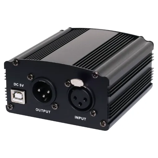 A compact single channel phantom power supply with 3 pin XLR female balanced input and 3 pin XLR male balanced 48V output. 
Includes power supply. 
Size: 88W x 47H x 92Dmm