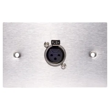 3 pin XLR microphone connector mounted horizontally on a brushed stainless steel wall plate. “One-Shot” version with screw terminal connections for quick and easy connection on site. 