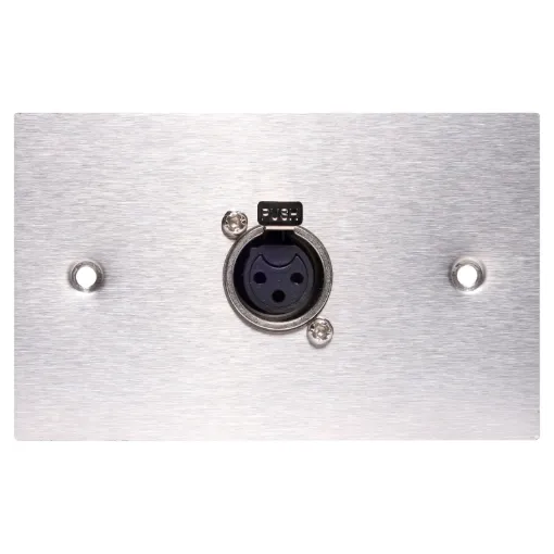 3 pin XLR microphone connector mounted horizontally on a brushed stainless steel wall plate. “One-Shot” version with screw terminal connections for quick and easy connection on site. 