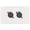 Dual 3pin XLR microphone connectors mounted horizontally on a dual face wall plate. &quotOne-Shot&quot version with screw terminal connections for quick and easy connection on site.