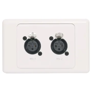 Dual 3pin XLR microphone connectors mounted horizontally on a dual face wall plate. &quotOne-Shot&quot version with screw terminal connections for quick and easy connection on site.