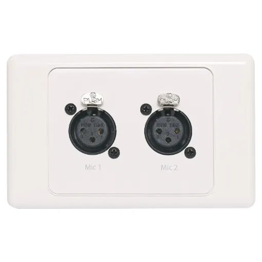 Dual 3pin XLR microphone connectors mounted horizontally on a dual face wall plate. &quotOne-Shot&quot version with screw terminal connections for quick and easy connection on site.