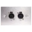 Dual 3 pin XLR microphone connectors mounted horizontally on a brushed stainless steel wall plate. “One-Shot” version with screw terminal connections for quick and easy connection on site. 