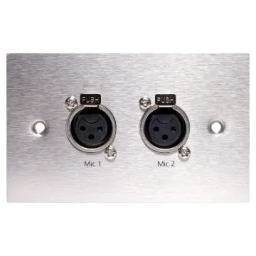 Dual 3 pin XLR microphone connectors mounted horizontally on a brushed stainless steel wall plate. “One-Shot” version with screw terminal connections for quick and easy connection on site. 