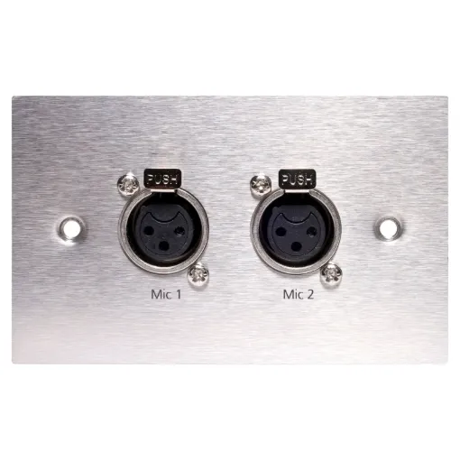 Dual 3 pin XLR microphone connectors mounted horizontally on a brushed stainless steel wall plate. “One-Shot” version with screw terminal connections for quick and easy connection on site. 