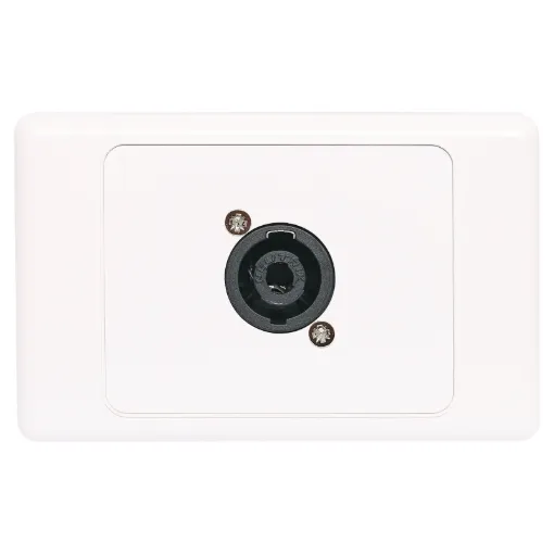 4 pin Neutrik Speakon connector mounted horizontally on a wall plate.