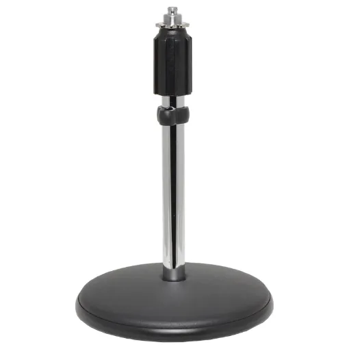 Diecast base, telescopic height adjustment from 220mm to 380mm. Weight 1.4kg. 5/8" mic holder  threaded adaptor included.