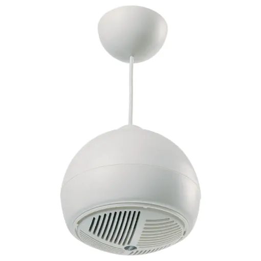 Designed for use where traditional ceiling mounted speakers are difficult or impractical to install.  Used in such areas as very high raked, suspended, concrete, or exposed ceilings. Installation requires a single fixing with connection concealed within t