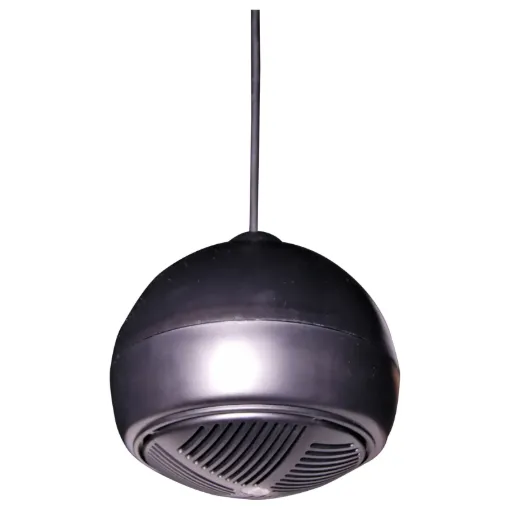 Designed for use where traditional ceiling mounted speakers are difficult or impractical to install.  Used in such areas as very high raked, suspended, concrete, or exposed ceilings. Installation requires a single fixing with connection concealed within t