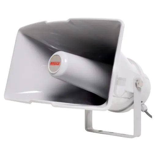 This horn is compact, lightweight, weatherproof and very efficient. The voice coil is wound on an aluminium bobbin providing effective heat transfer from the coil thereby improving the efficiency and reliability of the speaker.