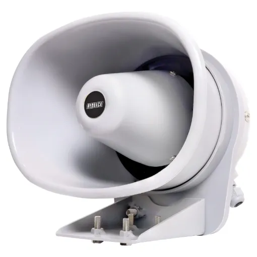 This horn is compact, lightweight, weatherproof and very efficient. The voice coil is wound on an aluminium bobbin providing effective heat transfer from the coil thereby improving the efficiency and reliability of the speaker.