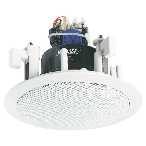 This IP55 rated bathroom speaker, employs a  100mm high performance driver, constructed from an all-weather polypropylene cone and rubber surround. Fitted with a high quality 100V line matching transformer tapped at 2.5, 5, 10 & 15W. Installation
