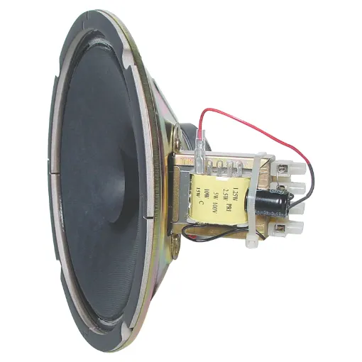 With concave cone suspension enabling use with flush ceiling type grills. Dual cone. High midrange efficiency especially suited to vocal PA and sound column use. Supplied with a 15W 100V transformer.