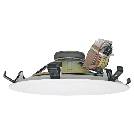 Redback "One-Shot" speaker assemblies install in seconds. They simply snap fit to any 10-13mm thickness ceiling by means of the integral pressure clips. The labour cost savings for the pro sound installer are both obvious and substantial.