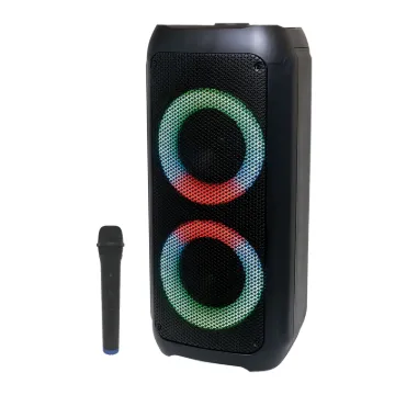 This Bluetooth party speaker and wireless mic PA system has been designed for outdoor or indoor entertaining with colour LED lighting for added party atmosphere.