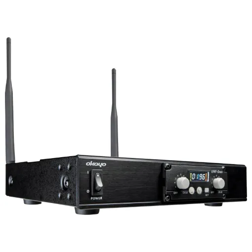 A dual channel receiver designed to integrate with the C 7282A Okayo transmitter system or Okayo UHF equipped portable PA systems.