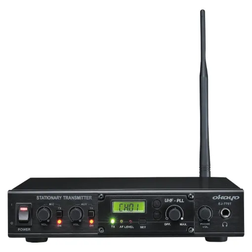 An excellent solution for extending a PA system to a nearby building where cabling is impossible or impractical to install. The desktop transmitter accepts a standard paging microphone or line level feed from the existing PA system and transmi