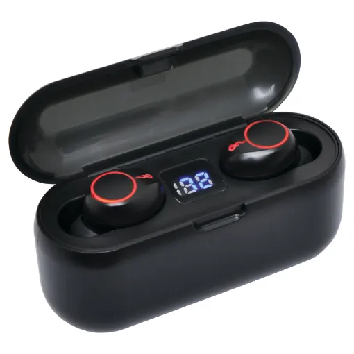 Bluetooth 5.0 offers superior range (up to 10m) & audio quality - plus automatic connection.  Sweat resistant and light weight design makes these buds great for exercise. 3-4hrs of listening time. Includes charging case (provides 2 recharges), replacement earbuds and USB charging cable.