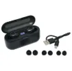 Bluetooth 5.0 offers superior range (up to 10m) & audio quality - plus automatic connection.  Sweat resistant and light weight design makes these buds great for exercise. 3-4hrs of listening time. Includes charging case (provides 2 recharges), replacement earbuds and USB charging cable.