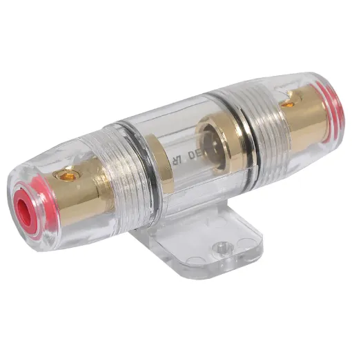 This gold plated fuse holder will accept either 4 or 8 gauge cable. Also includes a mounting base for easy installation. Accepts 5AG fuses suitable for car sound systems.