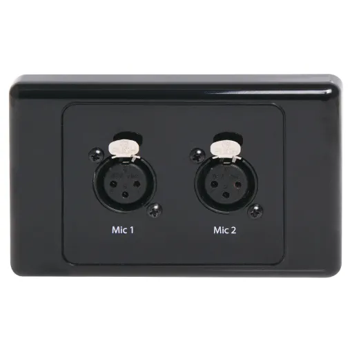 Dual 3pin XLR microphone connectors mounted horizontally on a dual face wall plate. &quotOne-Shot&quot version with screw terminal connections for quick and easy connection on site.
