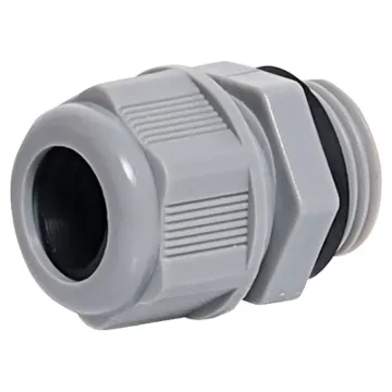 A grey cable gland made from fire retardant plastic for 12-14mm cable