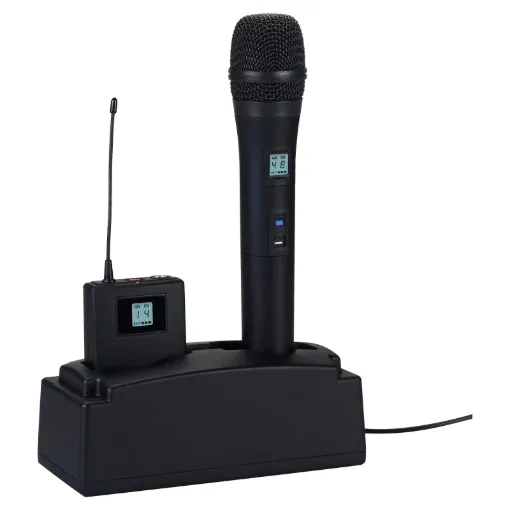 A dual charging dock suitable for use with CL8892D and CL8893D USB C rechargeable microphone transmitters.