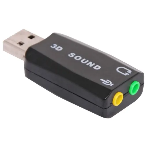 A compact plug and play sound card dongle with microphone input and speaker output.  Integrated 2 channel audio controller with 3D positional sound functions and virtual 5.1 processing.  Built in digital amplifier for driving speakers directly.