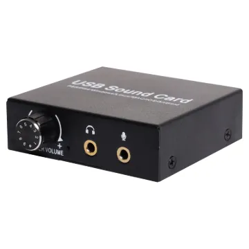 A compact USB sound card with mic and headphone connections. Level controls for volume and bass adjustment are provided.